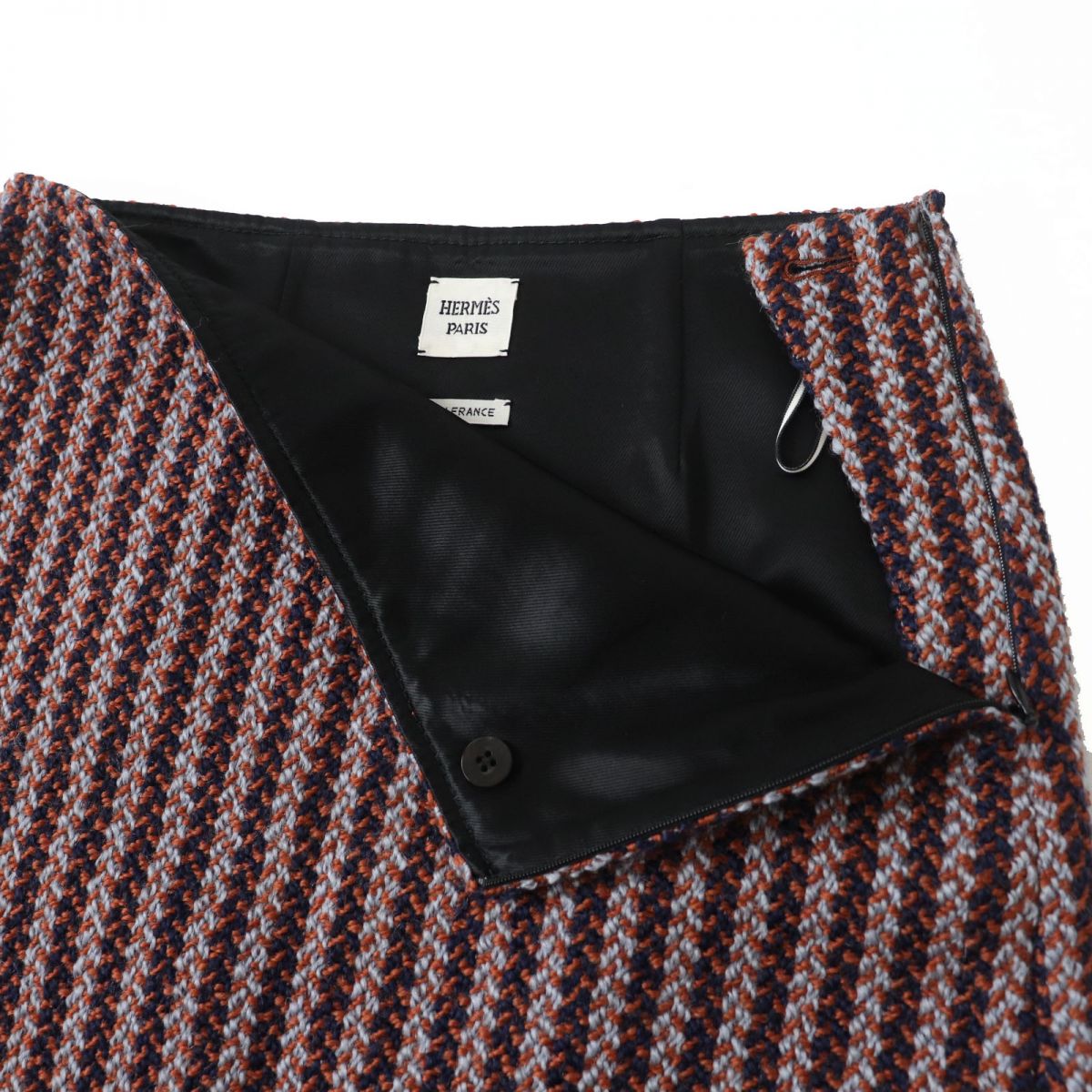 Hermes Wool Tweed Trapezoid Skirt Gray Brown Navy