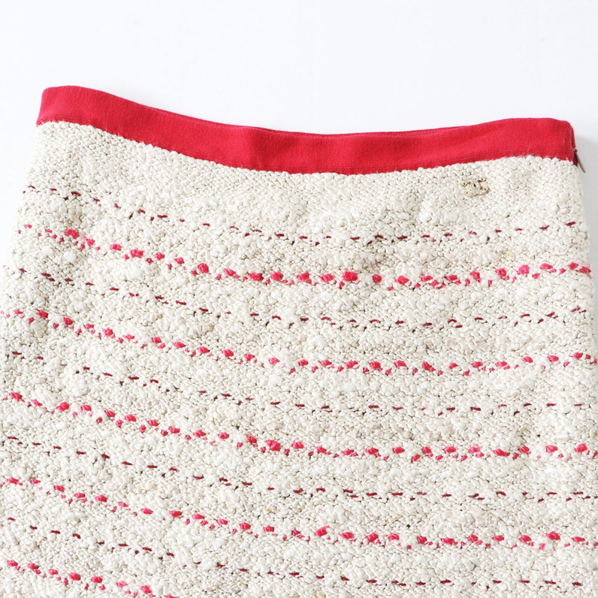 Chanel Silk Knit Skirt P28027 Beige Red 38