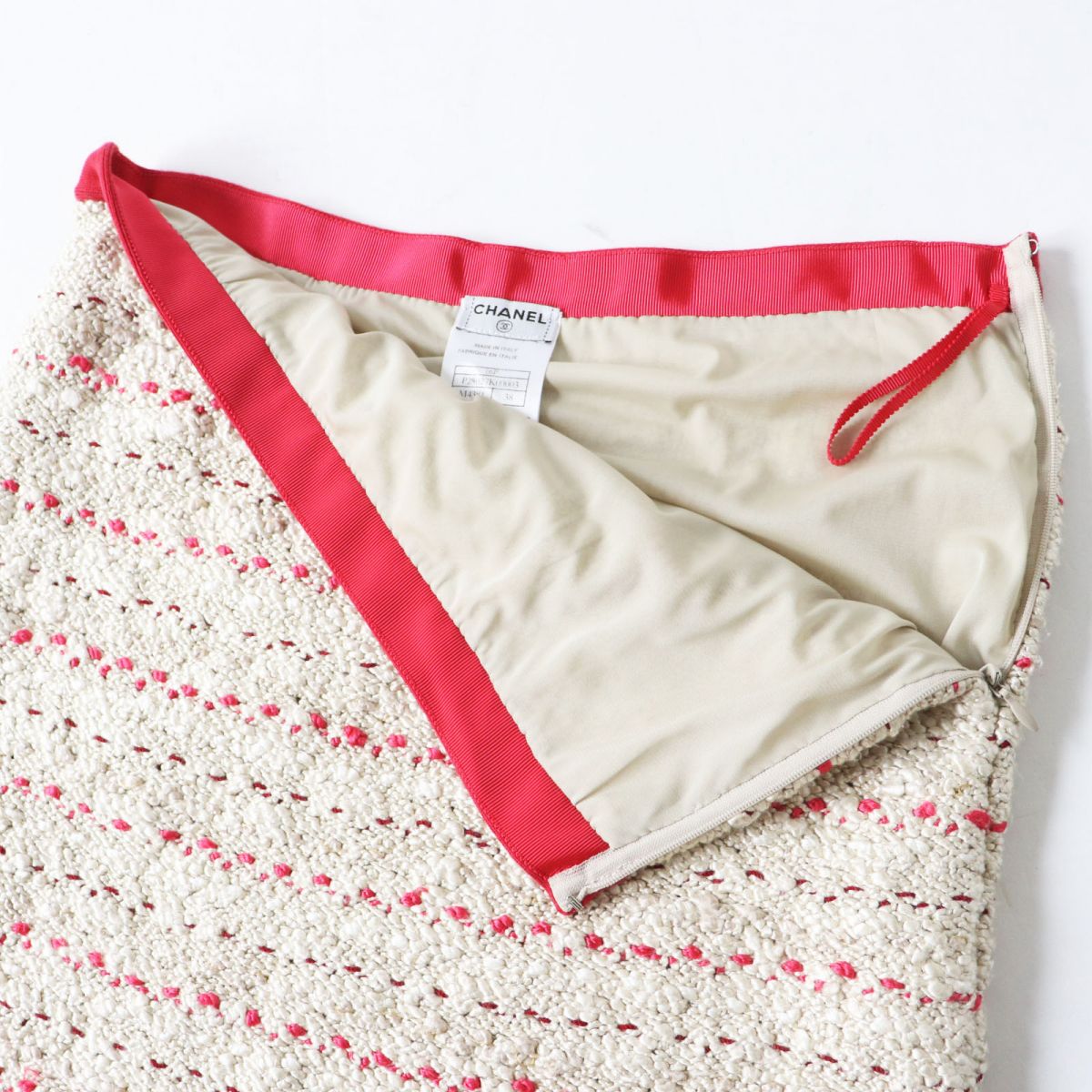 Chanel Silk Knit Skirt P28027 Beige Red 38