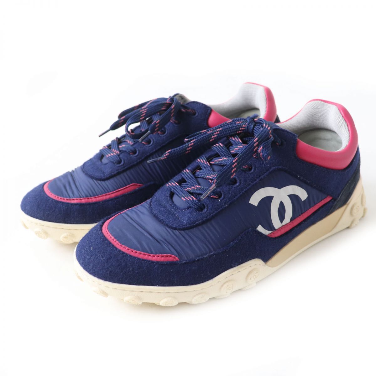 Chanel COCO Mark Nylon Suede Sneakers Navy Pink 38