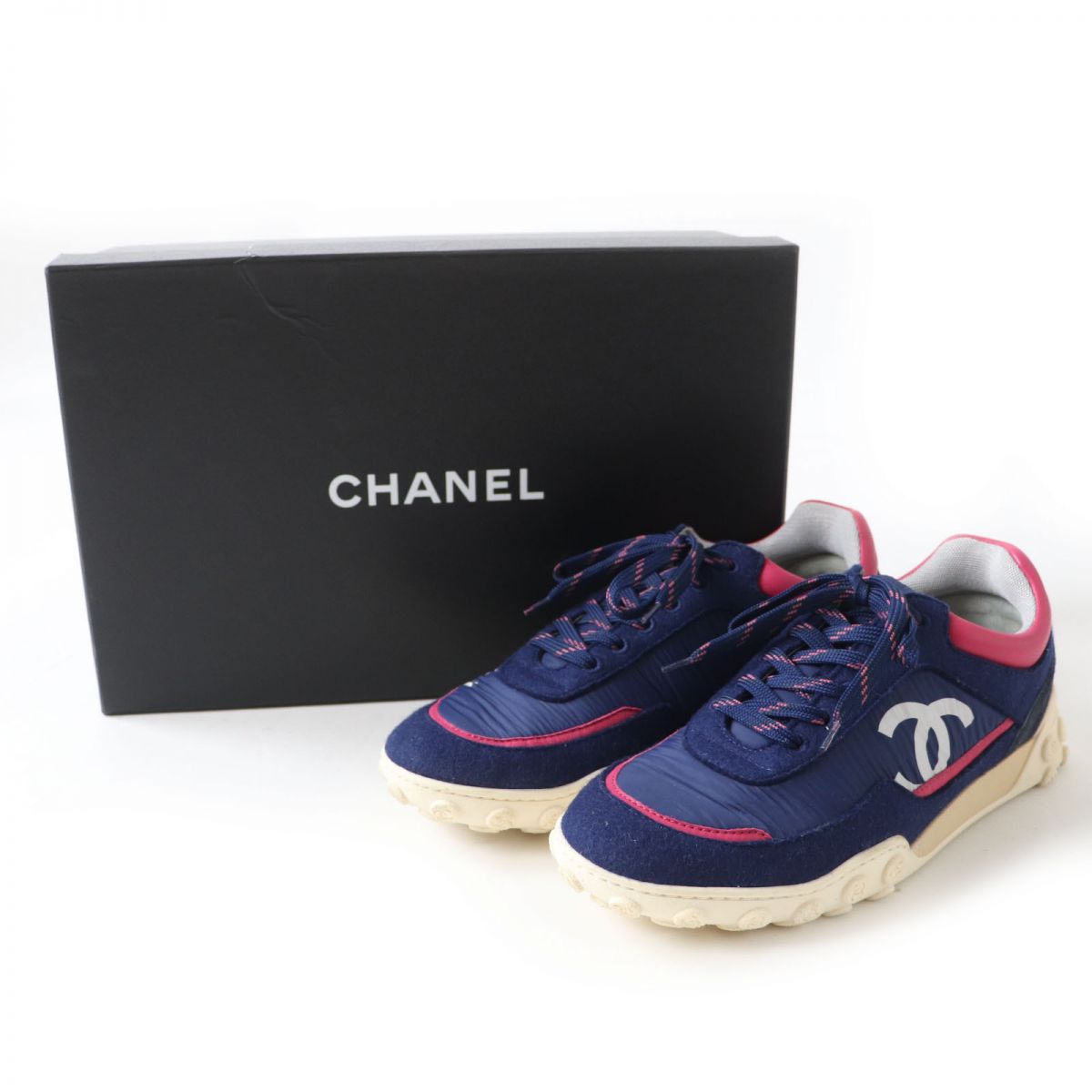 Chanel COCO Mark Nylon Suede Sneakers Navy Pink 38