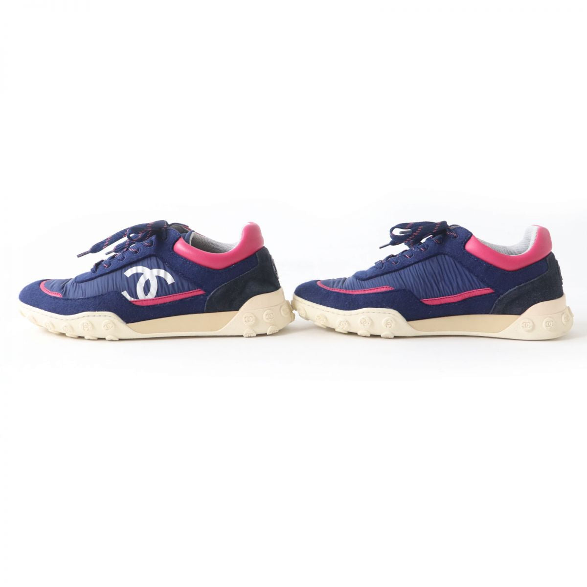 Chanel COCO Mark Nylon Suede Sneakers Navy Pink 38