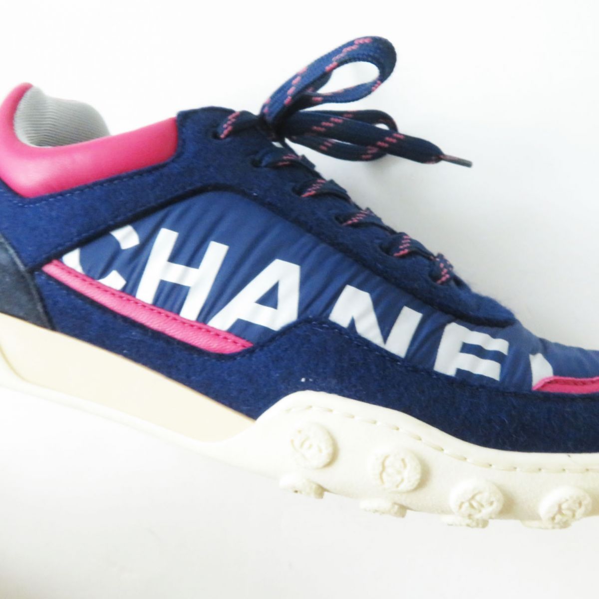 Chanel COCO Mark Nylon Suede Sneakers Navy Pink 38