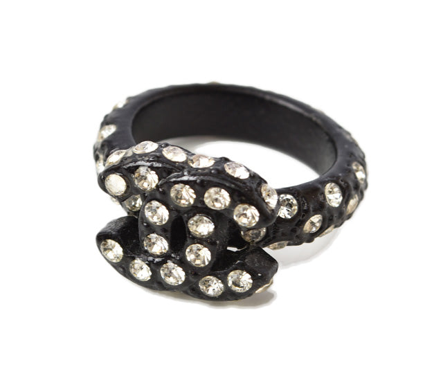 Chanel Coco Mark Rhinestone Black Ring Size 12 in Great Condition