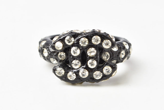 Chanel Coco Mark Rhinestone Black Ring Size 12 in Great Condition