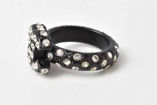 Chanel Coco Mark Rhinestone Black Ring Size 12 in Great Condition