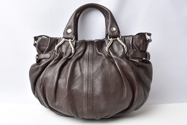 Celine 2way Handbag/Shoulder Bag, Triomphe Motif, Dark Brown Leather