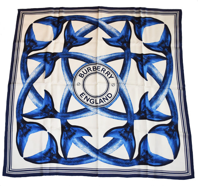 Burberry Silk Scarf 90 Marine/White in Pristine Condition