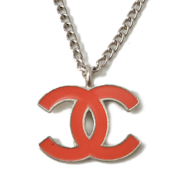 Chanel Necklace/Pendant Coco Mark/CC Coral Orange/Silver in Great Condition