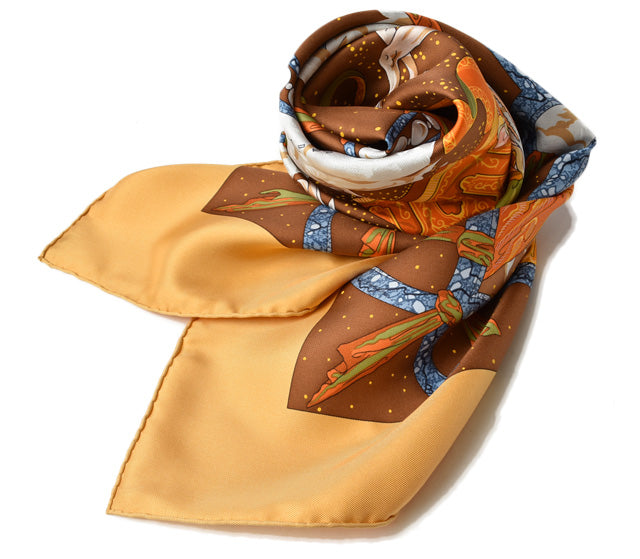 Hermes Silk Scarf CAVALIERS DES NUAGES Brown in Pristine Condition