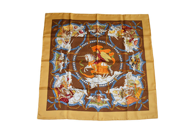 Hermes Silk Scarf CAVALIERS DES NUAGES Brown