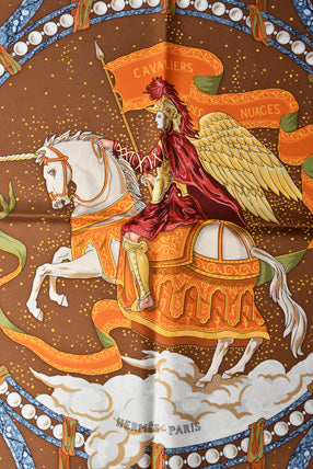 Hermes Silk Scarf CAVALIERS DES NUAGES Brown