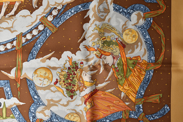 Hermes Silk Scarf CAVALIERS DES NUAGES Brown