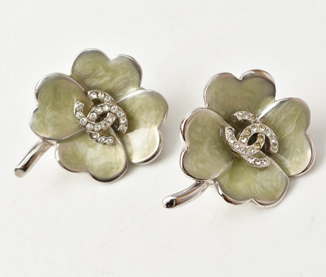 Chanel Clover Motif Rhinestone Earrings Clip/Stud