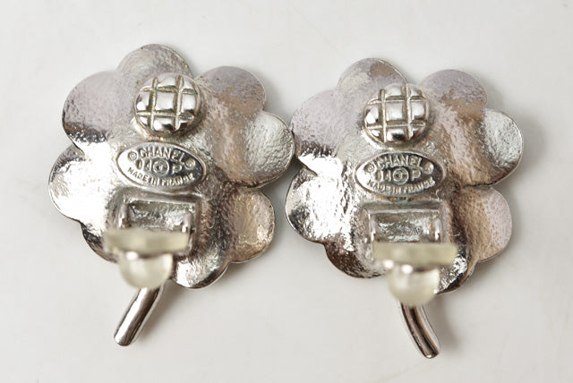 Chanel Clover Motif Rhinestone Earrings Clip/Stud