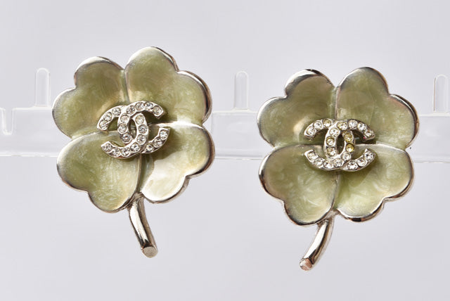 Chanel Clover Motif Rhinestone Earrings Clip/Stud