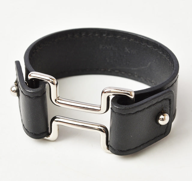 Hermes Leather Night Bangle Bracelet S Black/Silver