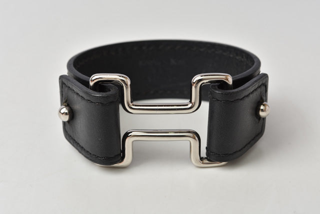 Hermes Leather Night Bangle Bracelet S Black/Silver in Great Condition