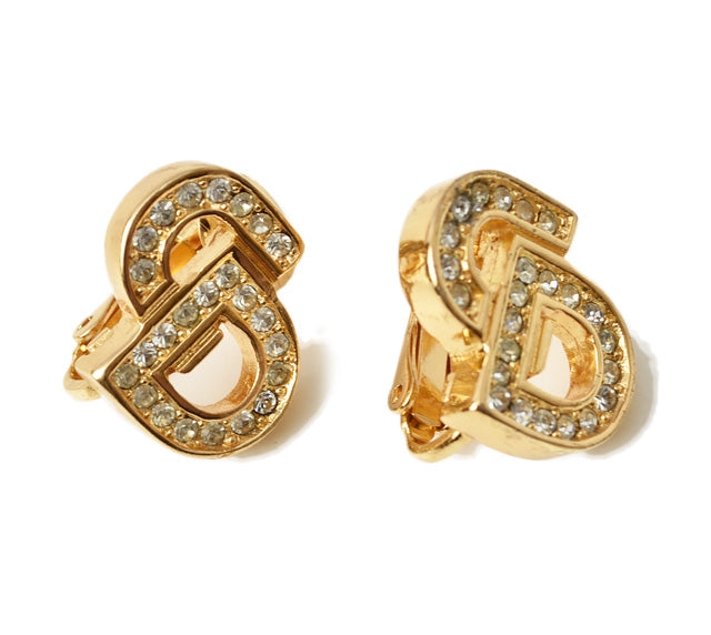 Christian Dior Vintage Logo Rhinestone Gold Earrings in Great Condition