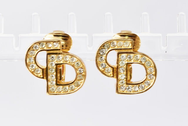 Christian Dior Vintage Logo Rhinestone Gold Earrings in Great Condition