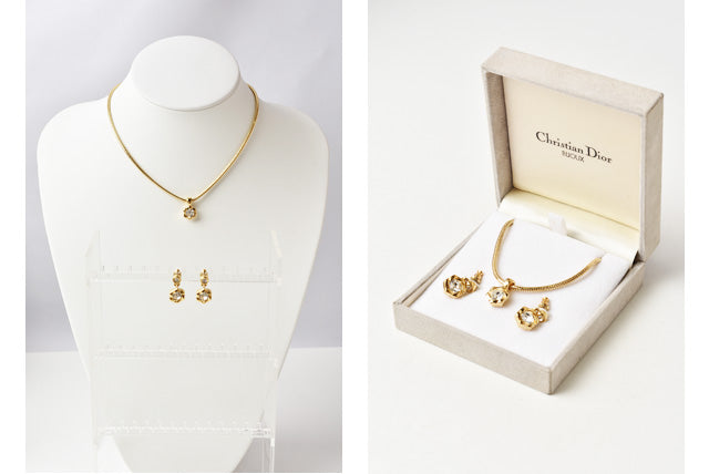 Christian Dior Vintage Necklace/Earrings Set with Rhinestones, Gold in Great Condition