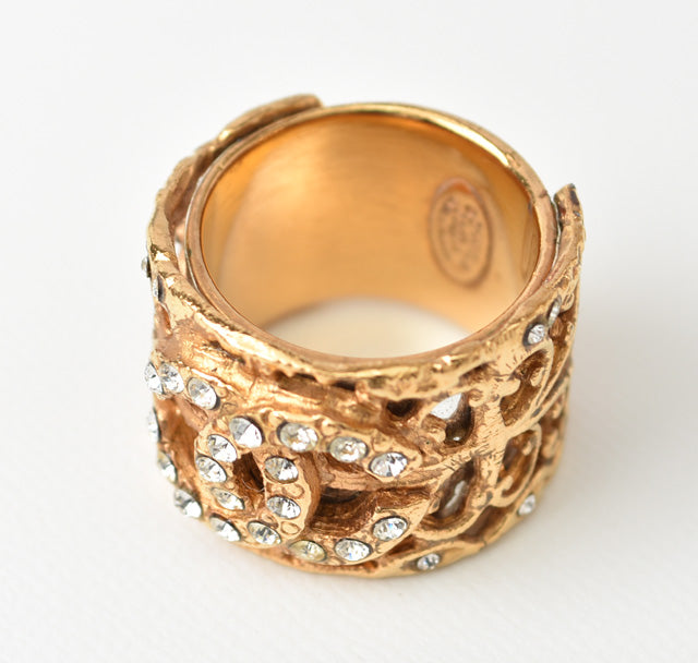 Chanel Coco Mark Rhinestone Gold Ring Size 15 in Great Condition