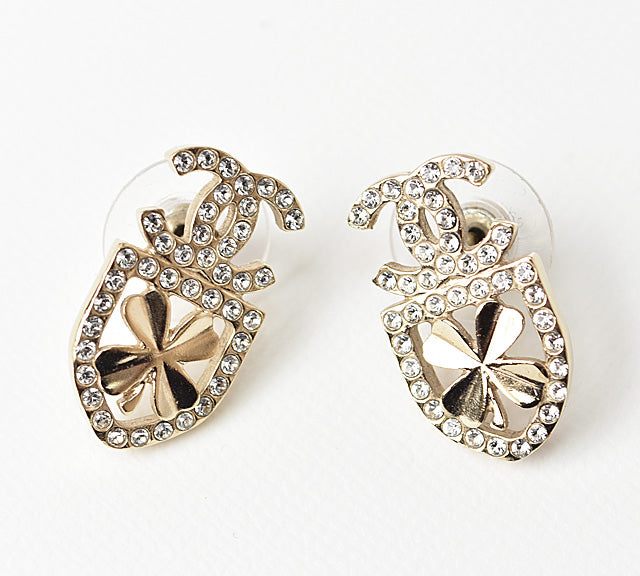 Chanel Earrings CC Mark Clover Motif Rhinestone Gold