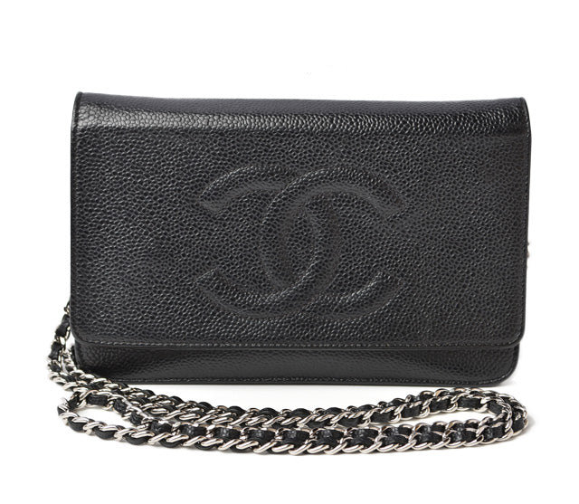 Chanel Caviar Skin Chain Wallet Shoulder Bag Black Silver Hardware