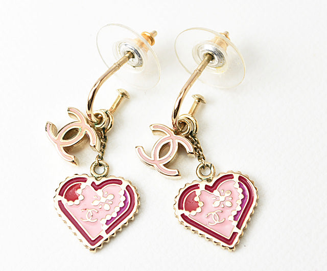 Chanel Resin Earrings CC Mark Heart Motif Pink/Gold in Great Condition