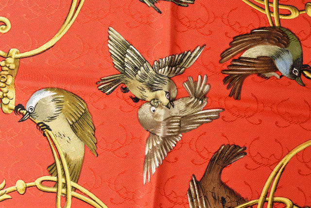 Hermes 100% Silk Scarf La Cle des Champs Bird Red/Black 88x88cm in Pristine Condition