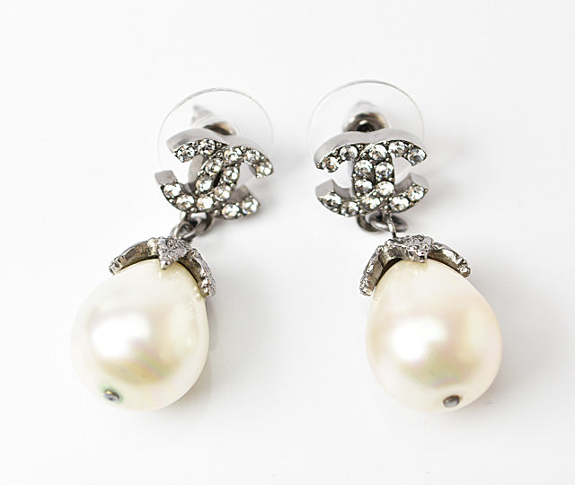 Chanel Metal Rhinestone Faux Pearl Earrings in Excellent Condition