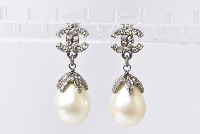 Chanel Metal Rhinestone Faux Pearl Earrings in Excellent Condition