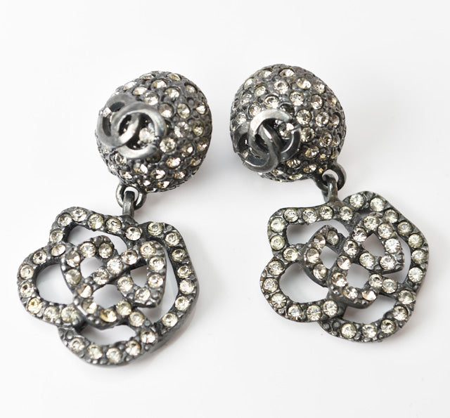 Chanel Camellia Motif Rhinestone Silver Earrings