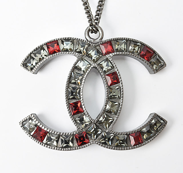 Chanel Necklace/Pendant, Metal, Rhinestone, Gunmetal/Red, W3.7×H2.8cm, 42cm in Excellent Condition