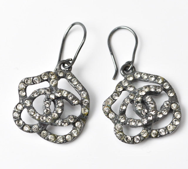 Chanel Camellia Motif Rhinestone Earrings, Chrome Silver in Great Condition