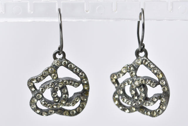 Chanel Camellia Motif Rhinestone Earrings, Chrome Silver