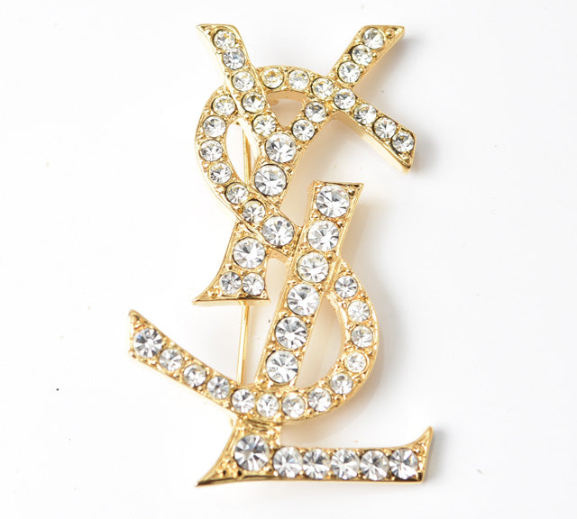 Saint Laurent YSL Logo Rhinestone Pin Brooch Gold in Excellent Condition