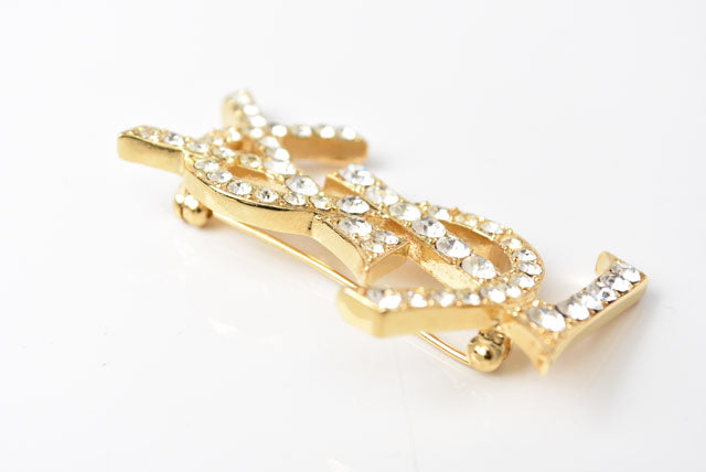 Saint Laurent YSL Logo Rhinestone Pin Brooch Gold in Excellent Condition