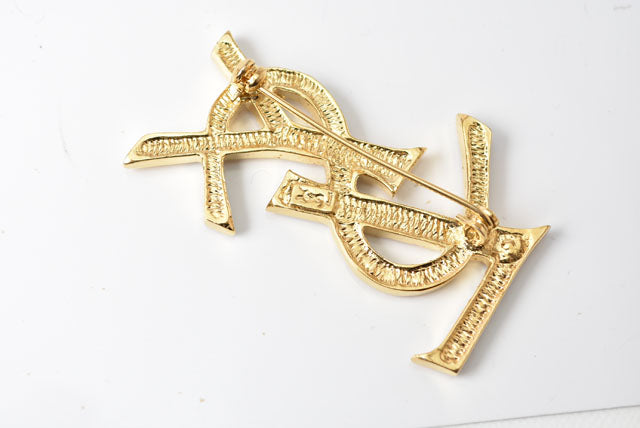 Saint Laurent YSL Logo Rhinestone Pin Brooch Gold in Excellent Condition