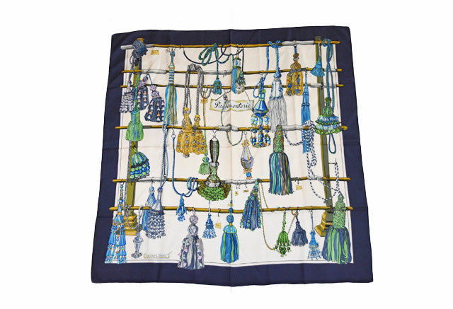 Hermes 100% Silk Scarf Carre 90 Pasementerie Blue Multi/White W88×H88 in Great Condition