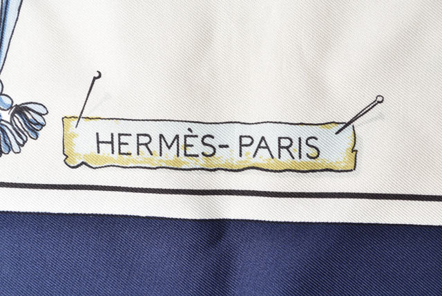 Hermes 100% Silk Scarf Carre 90 Pasementerie Blue Multi/White W88×H88 in Great Condition