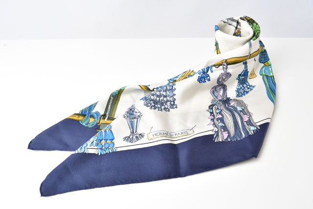 Hermes 100% Silk Scarf Carre 90 Pasementerie Blue Multi/White W88×H88 in Great Condition