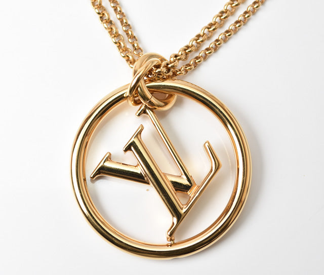 Louis Vuitton Necklace Long Pendant Double Chain Gold LV Logo