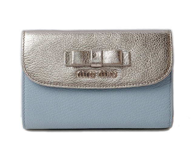 Miu Miu Trifold Wallet 5M1225 Madras Leather Silver/Light Blue