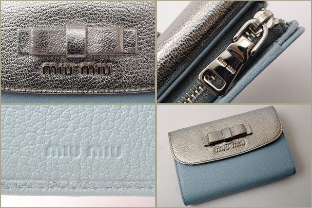 Miu Miu Trifold Wallet 5M1225 Madras Leather Silver/Light Blue