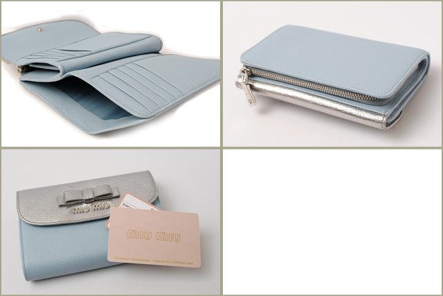 Miu Miu Trifold Wallet 5M1225 Madras Leather Silver/Light Blue