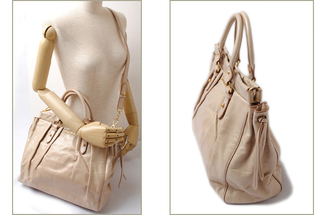 Miu Miu VITELLO LUX Leather 2way Shoulder Tote Bag Beige