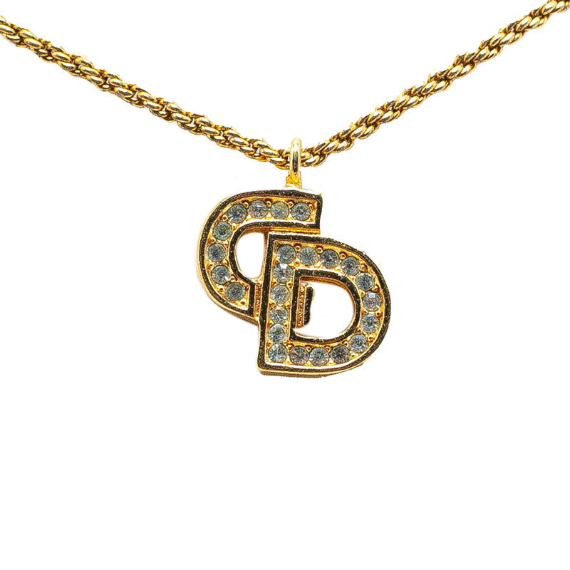 Dior Gold Plated CD Logo Rhinestone Necklace in Very Good Condition