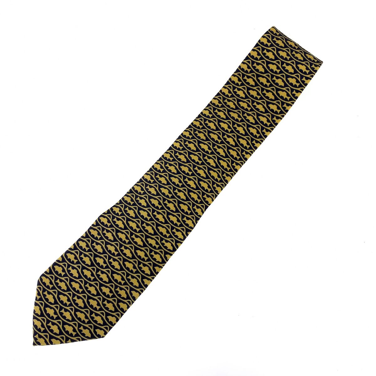 KARL LAGERFELD Silk Fish Pattern Navy Yellow Tie in Very Good Condition