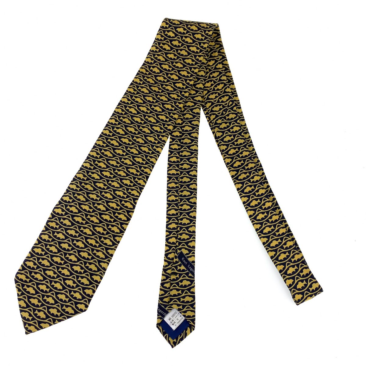 KARL LAGERFELD Silk Fish Pattern Navy Yellow Tie in Very Good Condition